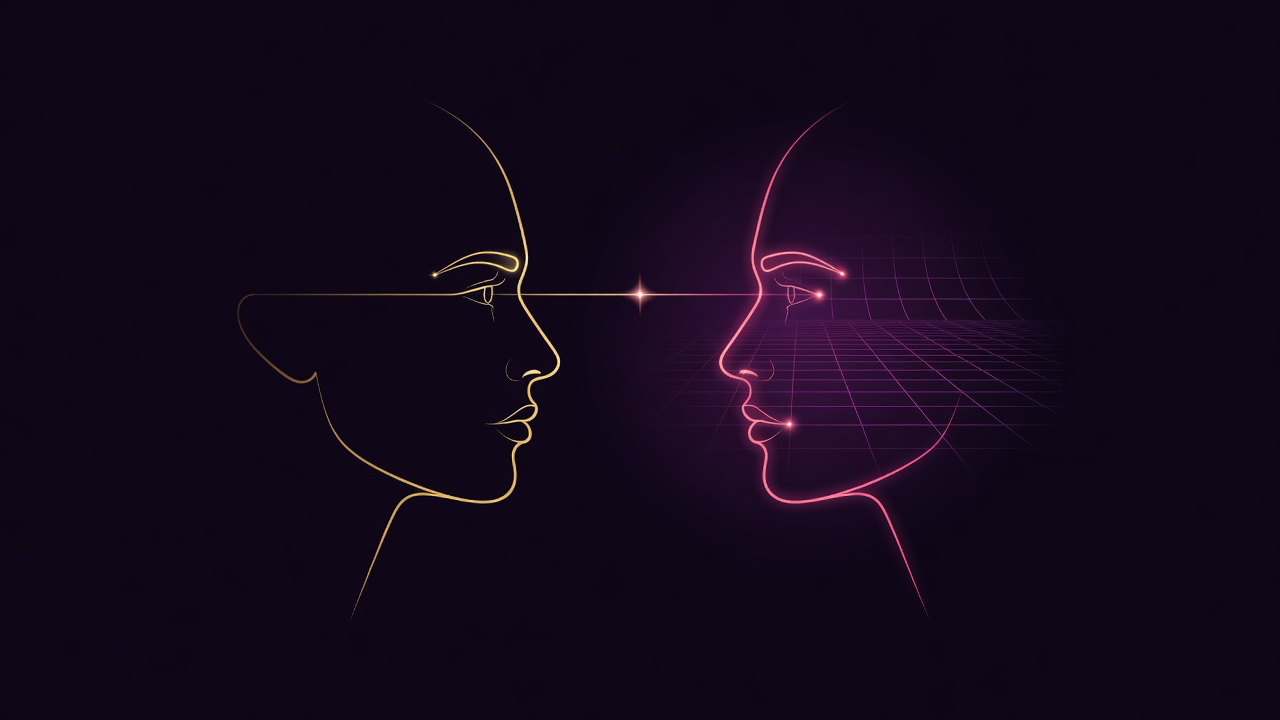 A redrawn gold line profile with a defined brow, straight nose bridge, separated lips and a real jawline