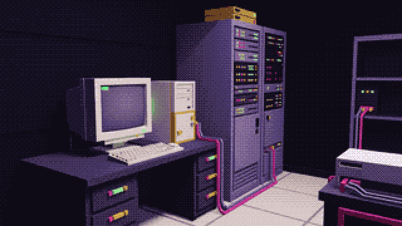 Pixel art of a dim room with a beige CRT and tower PC on a desk, a server rack behind them, pink cabling across the floor