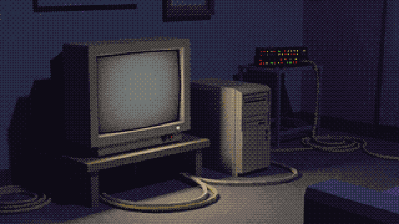 A dim room with a CRT television and a beige tower, cables on the floor, a rack of status lights behind