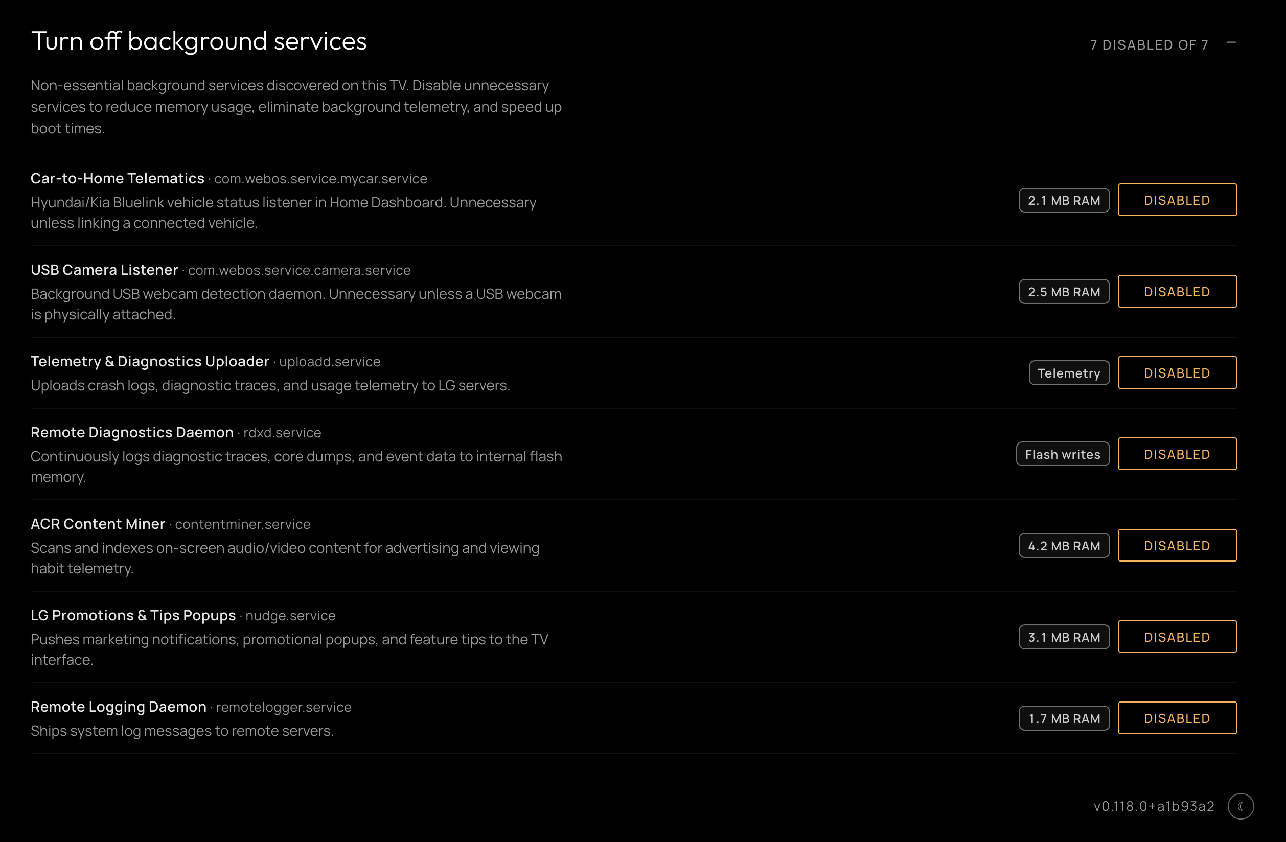The background services screen, a list of seven system services with every toggle set to disabled and a count reading seven disabled of seven.
